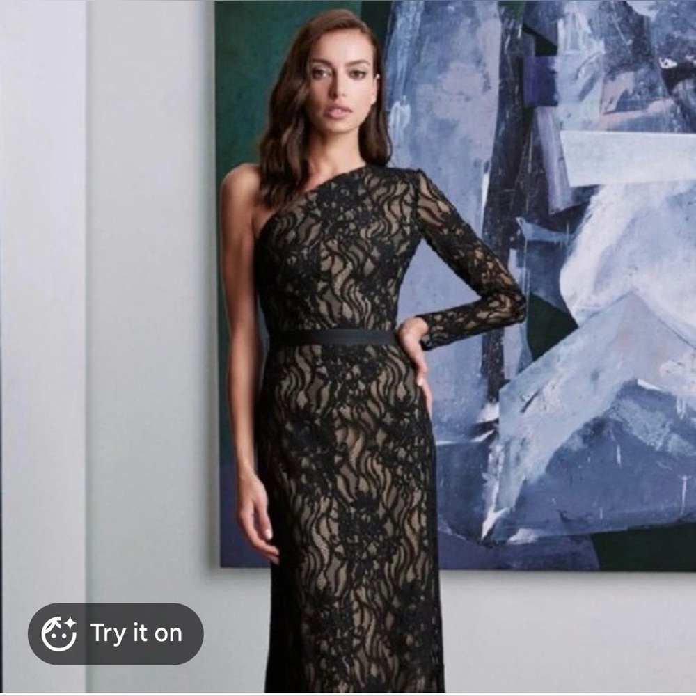 Tadashi Shoji One-Shoulder Black Lace Gown